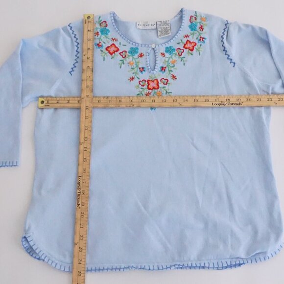Vintage White Stag Baby Blue Embroidered Floral Collar Trim Cotton Sweater XL - Picture 4 of 12